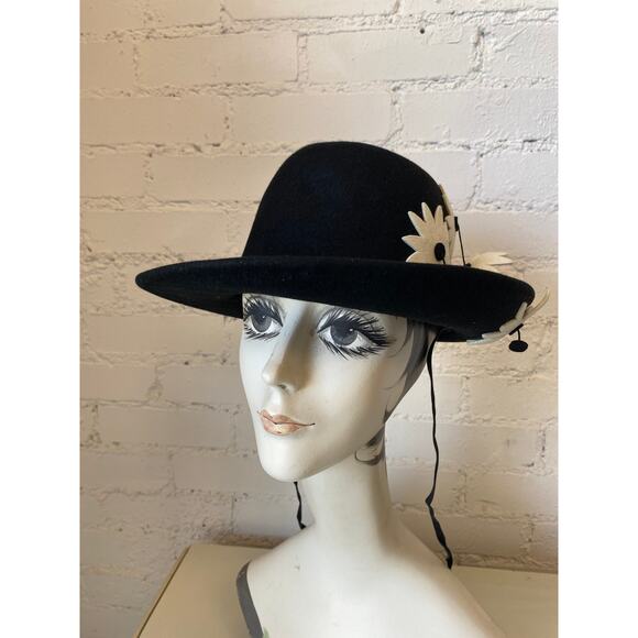 vintage 1960s Adolfo black wool wide brim hat with daisies 60s designer mod